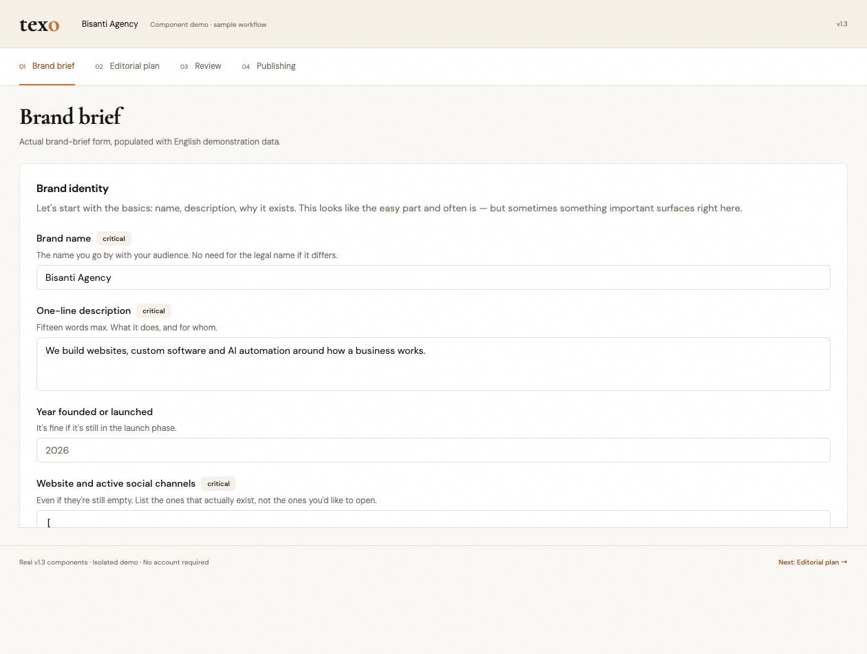 Texo brand brief view, rendered from real v1.3 components with demonstration data.