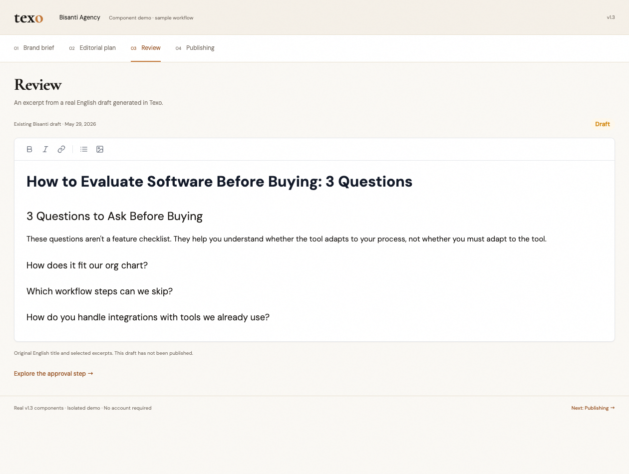 Texo’s content review interface rendered with demonstration data.