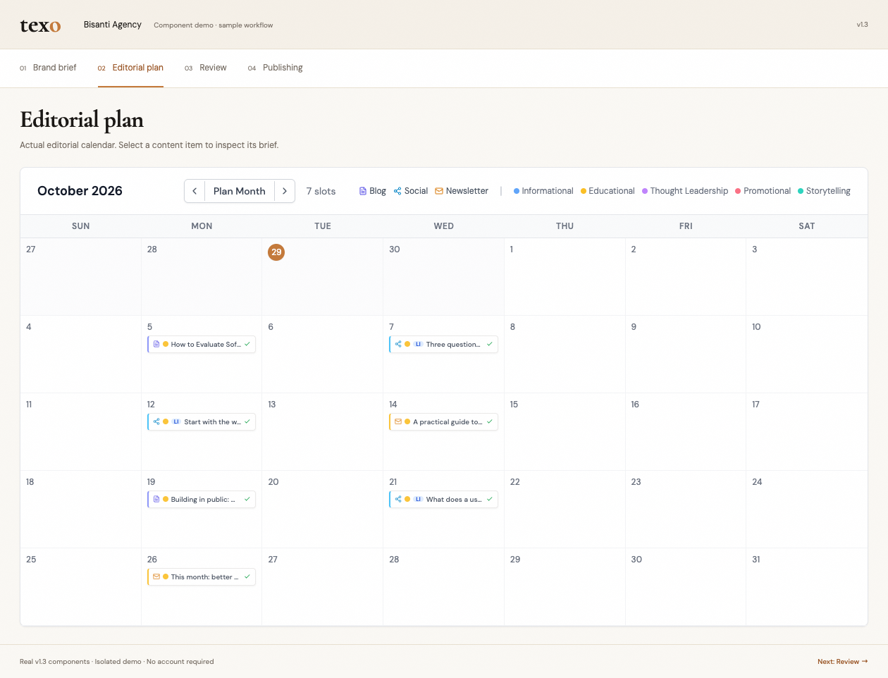 Texo’s editorial calendar rendered from v1.3 product components with demonstration content.
