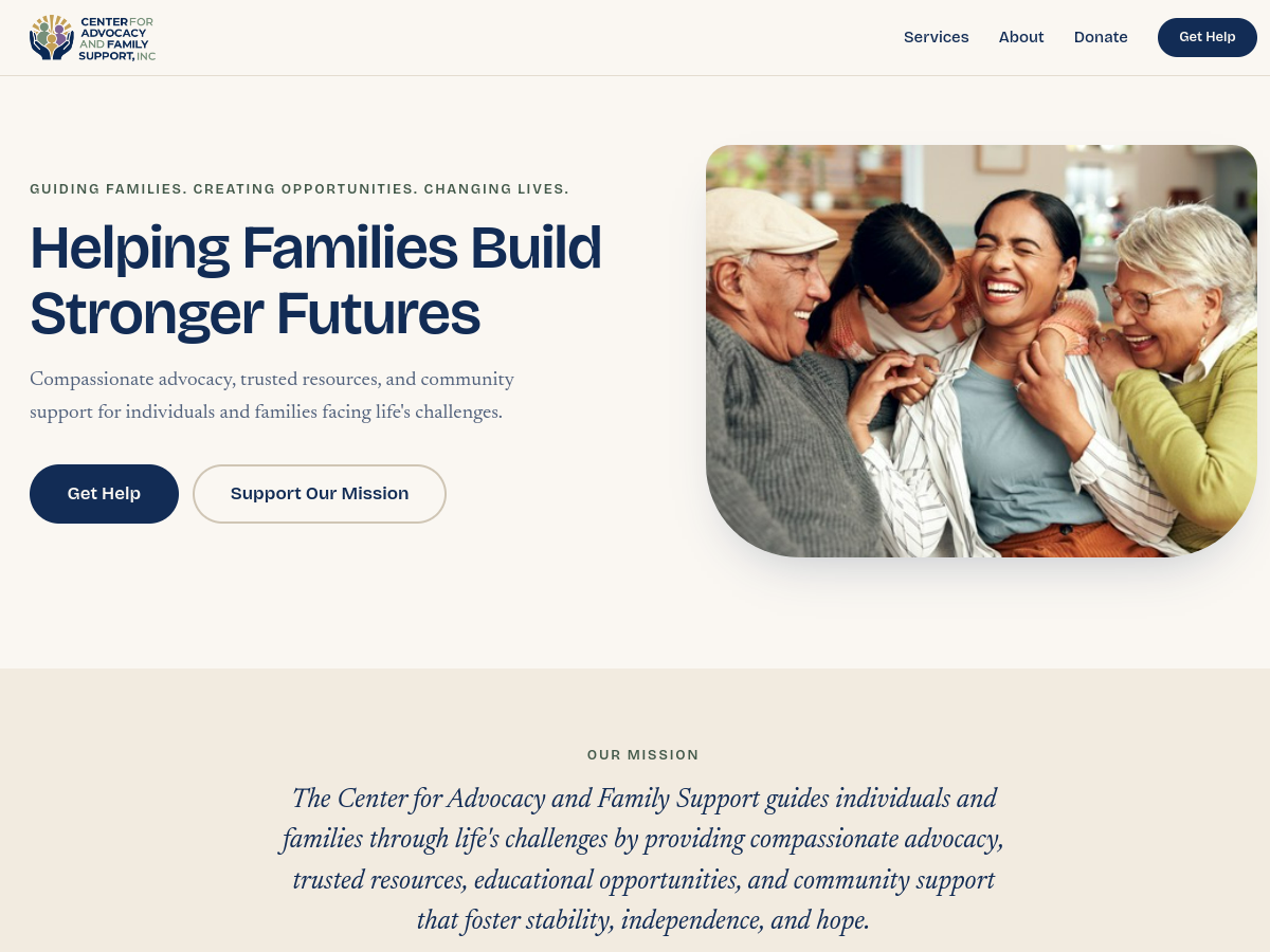 CAFSI’s homepage with its family photograph and paths to get help or support the mission.