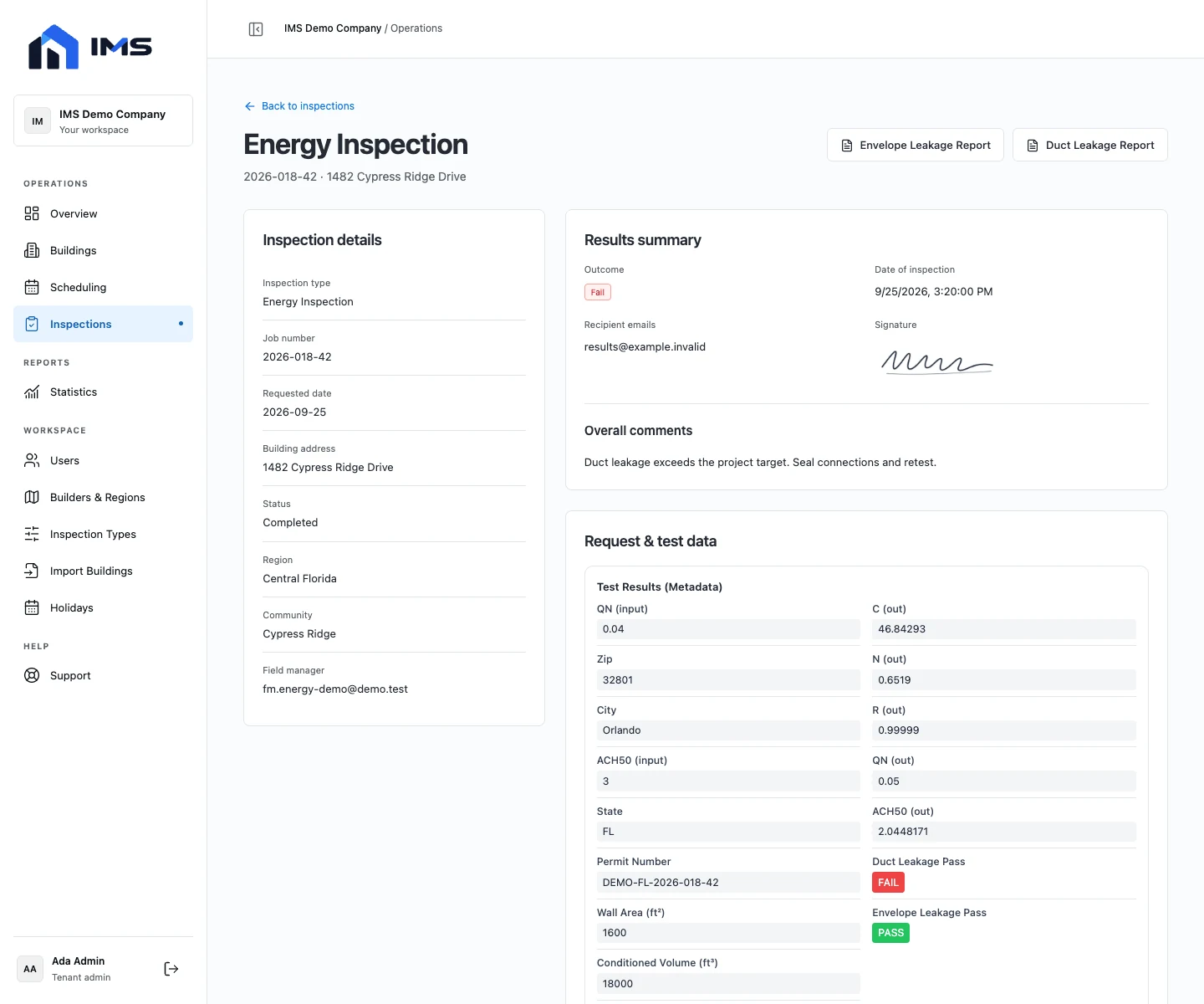 IMS inspection record showing inspection details, a results summary, a signature, and report actions.