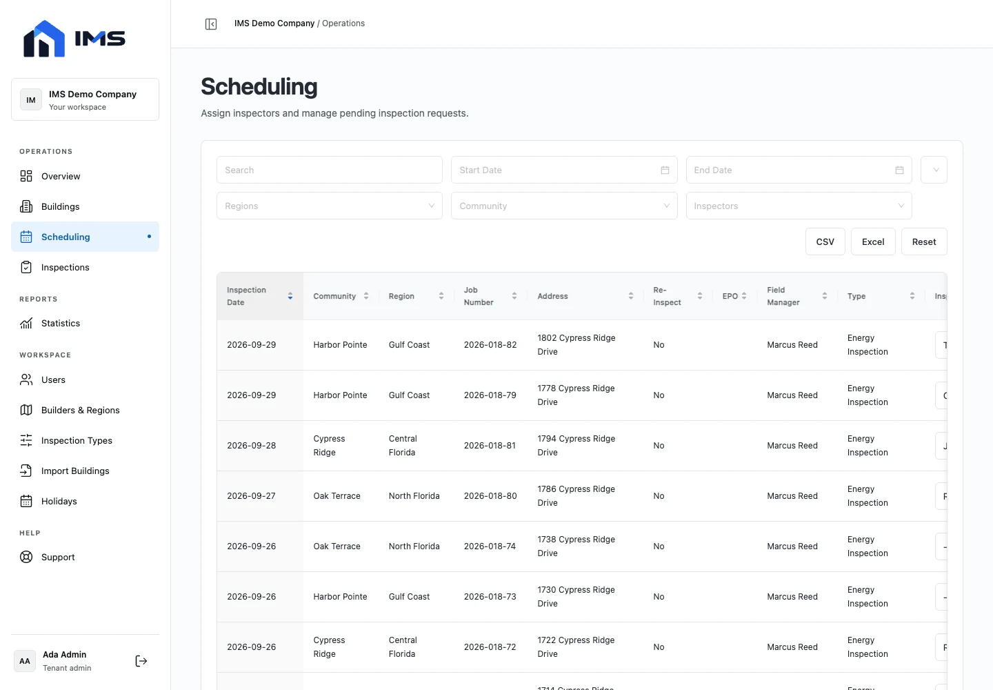 IMS dashboard for assigning and scheduling inspections.