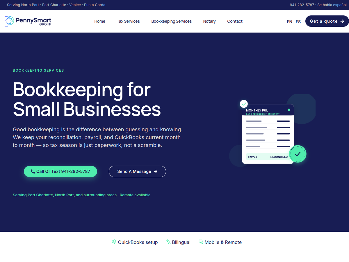 PennySmart Group’s English bookkeeping service page.