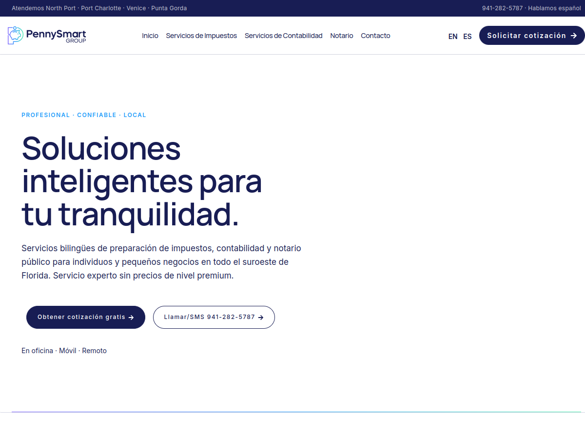 The Spanish version of PennySmart Group’s website.