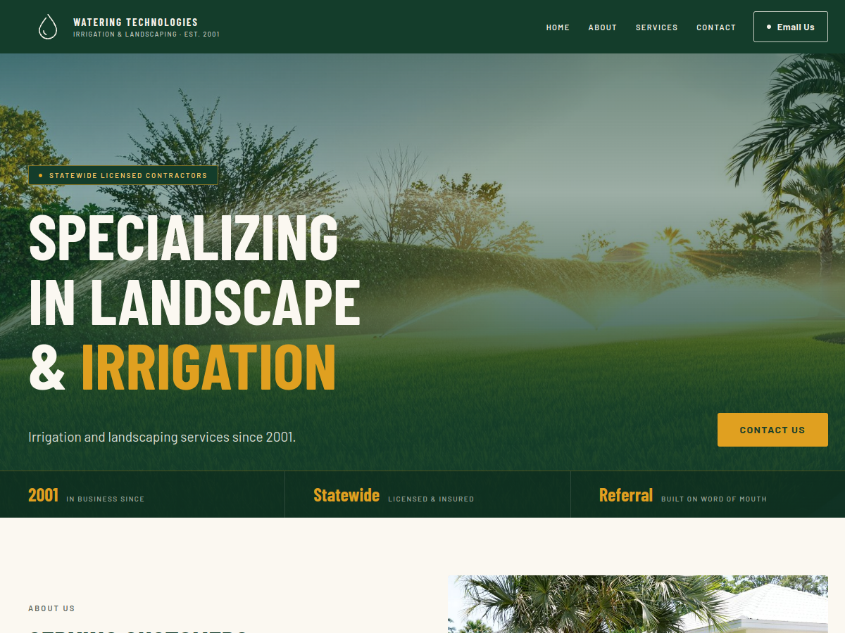Watering Technologies website presenting irrigation and landscaping services.
